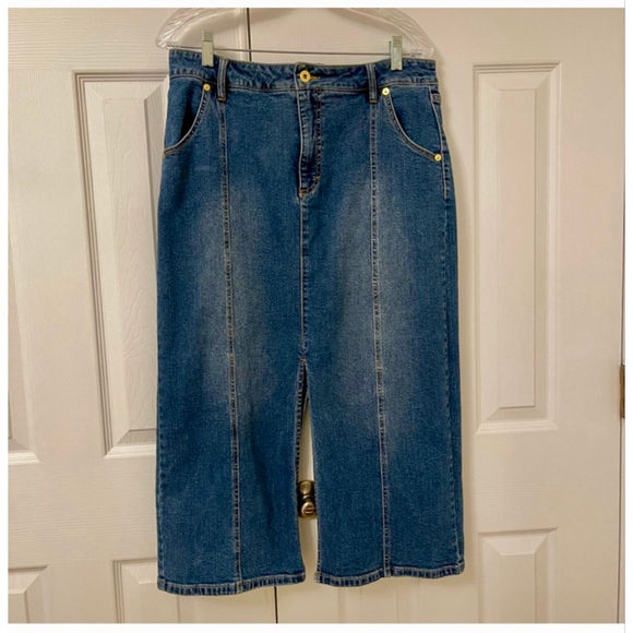 INC Blue Denim Stretch Midi Skirt 14P Boho Western Dark Wash Slit Jean - Picture 3 of 11